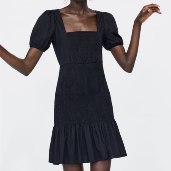 Zara Smocked Little Black Dress Puffer Sleeves Mermaid Fit Size Small - Picture 2 of 8